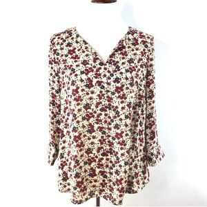 DR2 Cream Red Blue Floral Print Long Sleeve Notch Neck Blouse